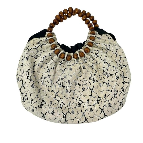 NWOT Vintage Talbots Lace Satchel Purse Wooden Beaded Handle Ivory Cream Snap - Picture 3 of 10
